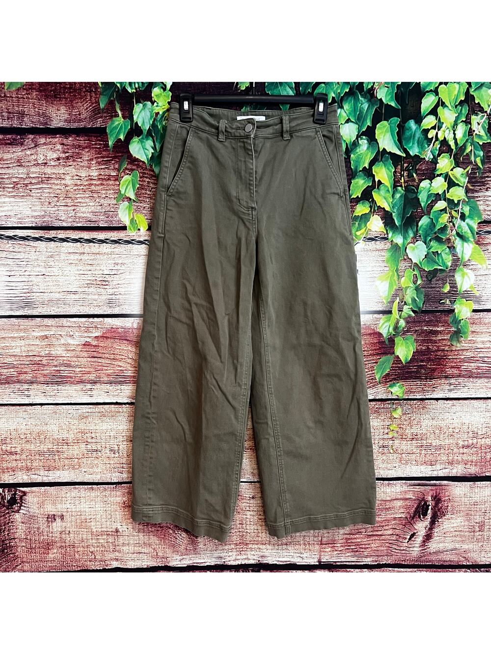 Everlane Wide Leg Crop Pants Olive Green Size 2 Organic Cotton Capri Moss Army